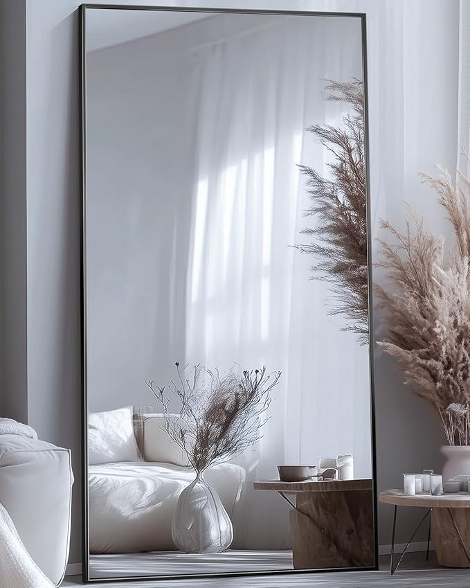 Antok Full Length Mirror, 44"x88" Floor Mirror with Stand, Hanging Mounted Mirrors for Bedroom, Living Room, Cloakroom, Dining Room, Black, Rect