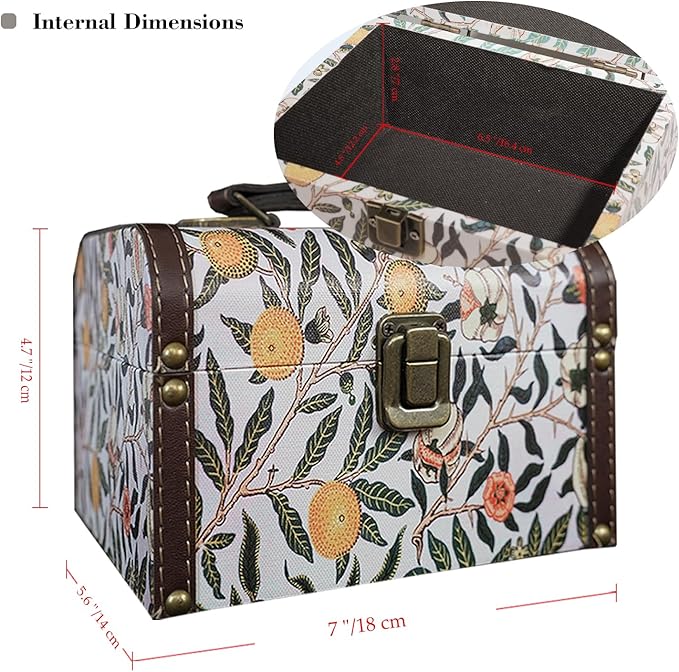 Vintage Decorative Storage Box with Handle, Retro Floral William Morris Keepsake Organizer Chest for Jewelry, Trinkets, Gift Packaging and Home Decor, 7 x 5.6 x 4.7 Inch