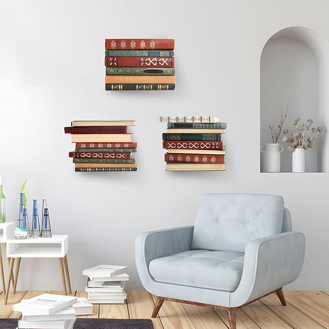 ECOSEAO Floating Book Shelves for Wall, Heavy-Duty Book Organizers, Iron Wall Mounted Shelves for Home Office Classroom Library, White Large (6)