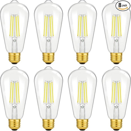 8W Vintage LED Edison Light Bulbs 100W Incandescent Equivalent, 1400LM, E26 Base LED Filament Bulb, 5000K Daylight White, CRI 90+, ST64 Antique Clear Glass for Reading, Patio, Non-Dimmable, 8-Pack