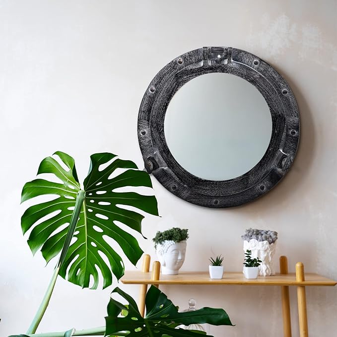 17 Inch Bathroom Wall Decor Ship Porthole Mirror with Antique Gray Finish – Vintage Round Wall Mounted Mirror for Bathroom Vanity, Nautical Pirate Coastal Vintage Home Décor