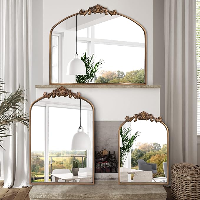 HQiJun Gold Wall Mirror, Large Arched Vintage Baroque Ornate Mirrors, Traditional Decorative Antique Brass Mirror for Entryway, Living Room, Bedroom, Bathroom Vanity, Fireplace Mantel(Gold,29"x36")