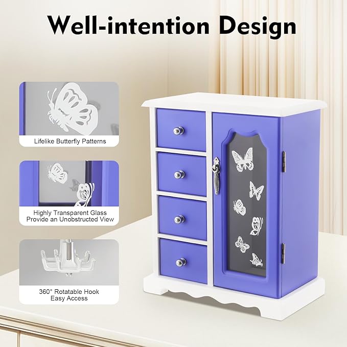 Wood Jewelry Organizer with 4 Drawers, Jewelry Organizer Box with Mirror Makeup and Organizer Women Ring Storage Box with 360° Rotatable Hook for Women
