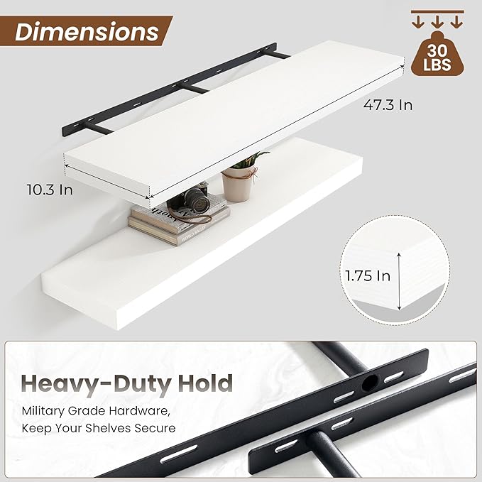 Heimlove Floating Shelves for Wall 48 Inch Long,Extra Large and Thick Wood Shelves Mounted Storage Hanging Shelf Invisible Bracket for Bedroom,Living Room,Kitchen,Office,White