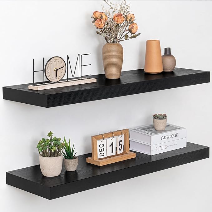 Acovy 36 Inch Floating Shelves, 12" Deep Floating Shelf Wall Mounted, 36" Wall Shelves, Rustic Deep Bookshelf, Extra Deeper & Thicker Display Shelves for Bedroom, Living Room, Black, Set of 2