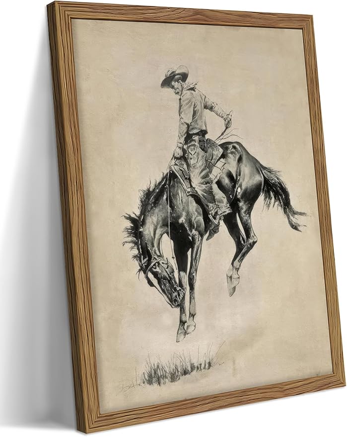 Western Cowboy Wall Art, Vintage Farmhouse Canvas Wall Decor Painting, Retro Southwestern Cowboy Artwork Prints Pictures for Bedroom Living Room Home Decor 12x16 Inch Framed
