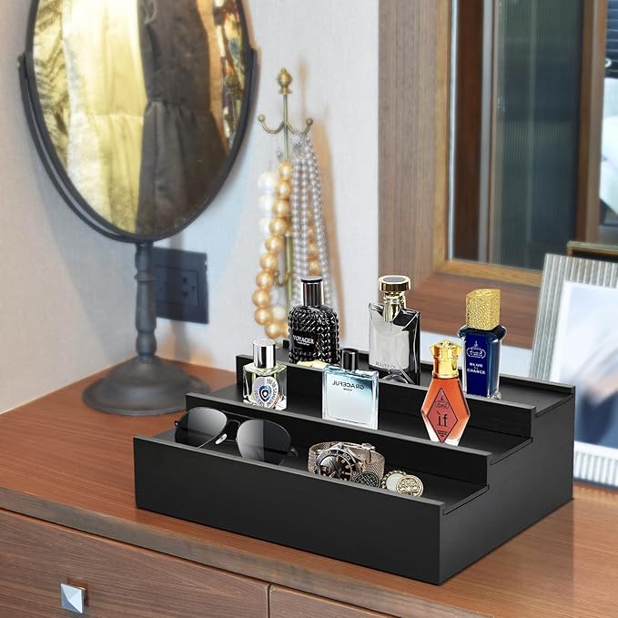 Wooden Cologne Organizer for Men - 3 Tier Cologne Stand Perfume Organizer with Hidden Compartment, Black Elevated Cologne Display Shelf for Organizing and Storing,Watch and Jewelry,Gift for Father