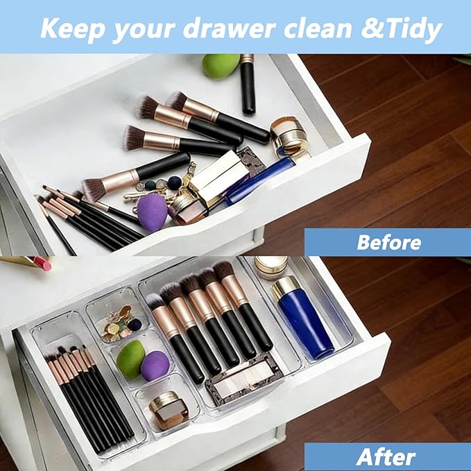 Clear Drawer Organizer Set, 4 Sizes Desk Drawer Divider Organizers Storage Bins for Bathroom,Kitchen,Office,Vanity Organizers Tray for Jewelry (15PACK)