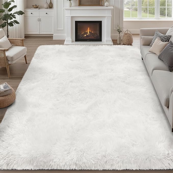 8x10 Area Rugs for Living Room Bedroom: Ultra Soft Fluffy Shag Rug Upgrade Non-Slip Non-Shedding Large Fuzzy Plush Carpet Indoor Floor Carpets for Kids Room Playroom Nursery Dorms Home Decor Ivory