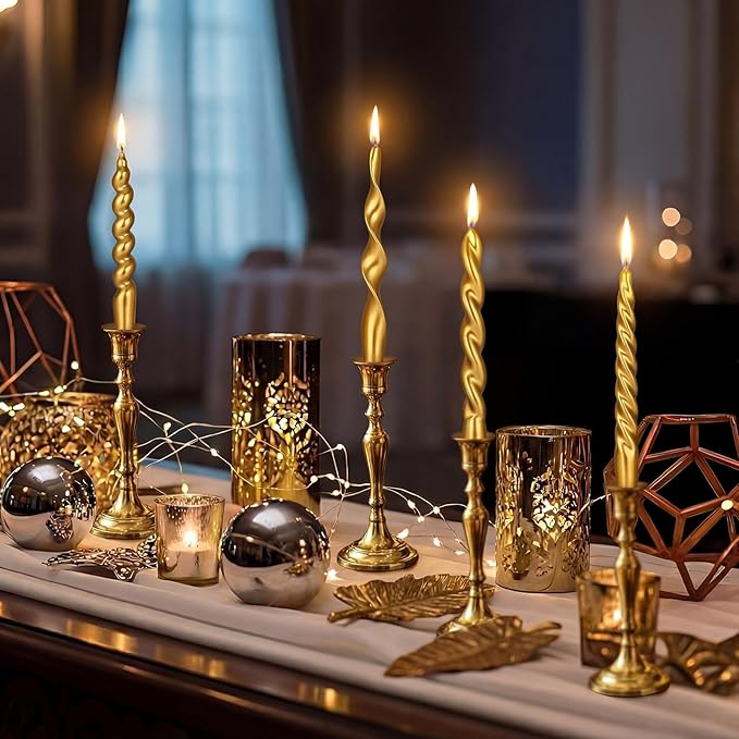 Nuanchu 4 Pcs Twisted Taper Candles Wax Unscented Smokeless Spiral Swirl Candlesticks for Wedding Holiday Dinner Party Home Decorations(7.87 Inch,Pure,Golden)