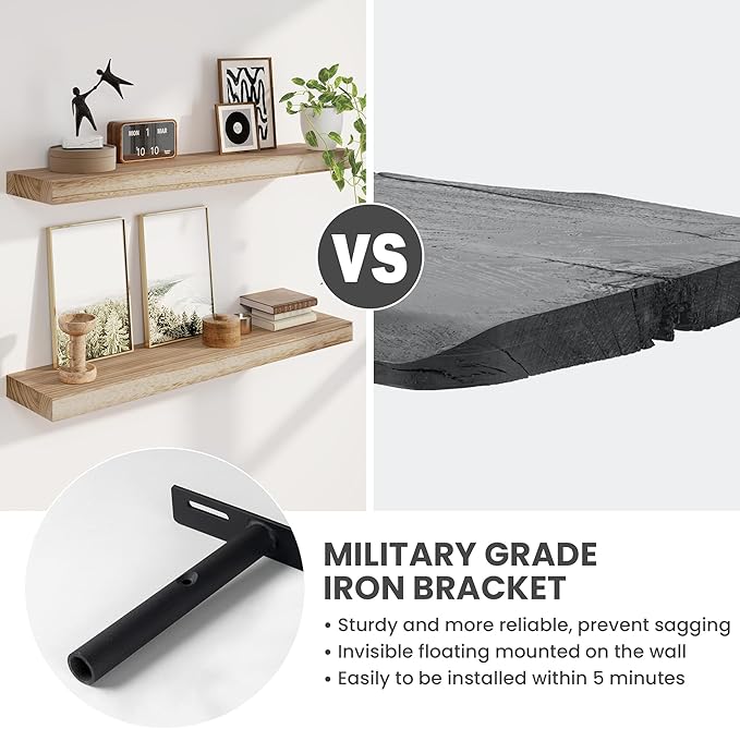 Solid Wood Floating Shelves for Wall 24"W x 8"D x 1.56"H Set of 2, Deep Wall Shelves for Living Room Bedroom Bathroom Kitchen Decor Storage with Invisible Heavy-Duty Metal Bracket, Carbonized Black