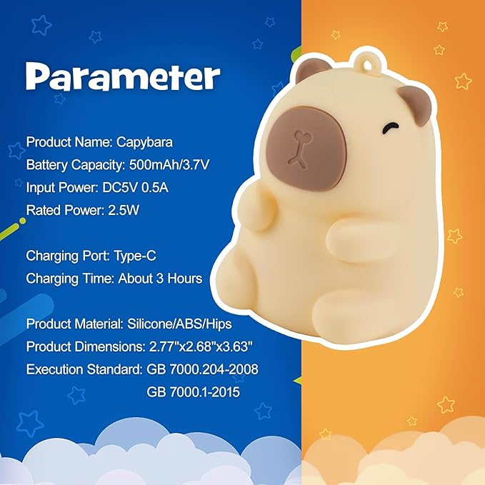 Capybara Night Light Squishy Silicone Nursery Breastfeeding Nightlight with Dimmable Warm White & RGB Color Modes Cute Capybara Lamp Rechargeable Touch Bedside Desk Animal Lamp for Bedroom Dorm Decor
