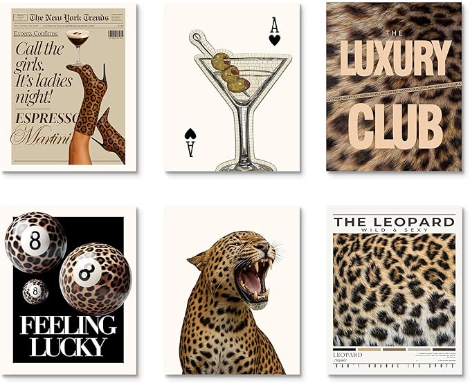 Habseligkeit Vintage Leopard Wall Art Prints, Retro Wall Decors for Room Aesthtic, Posters for Woman Bedroom Decor Aesthetic Unframed, 8X10in, Set of 6