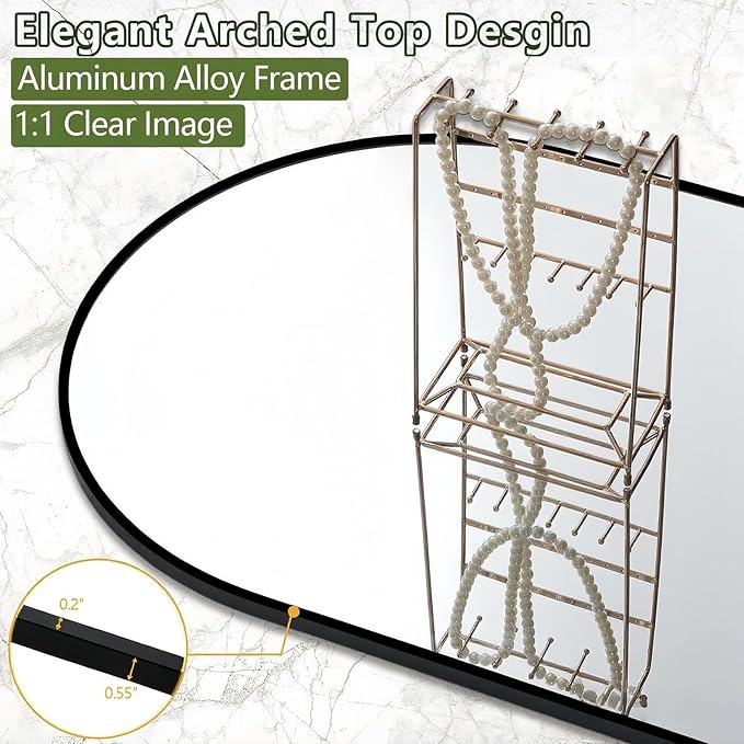 Prywot Full Length Mirror, Oversized 81"x41" Arched-Top Floor Mirror, Free Standing Mirrors, Modern Full Body Mirrors with Aluminum Alloy Frame for Bedroom,Living Room, Black