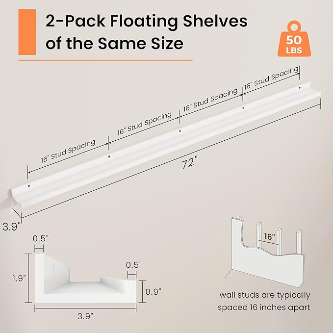 RICHFOCUS Picture Ledge Shelf, 72 inch Floating Shelves Set of 2, Wood Wall Shelves with Lip, Wall Decor Storage for Bedroom Living Room Bathroom Kitchen Nursery Photo Picture, White