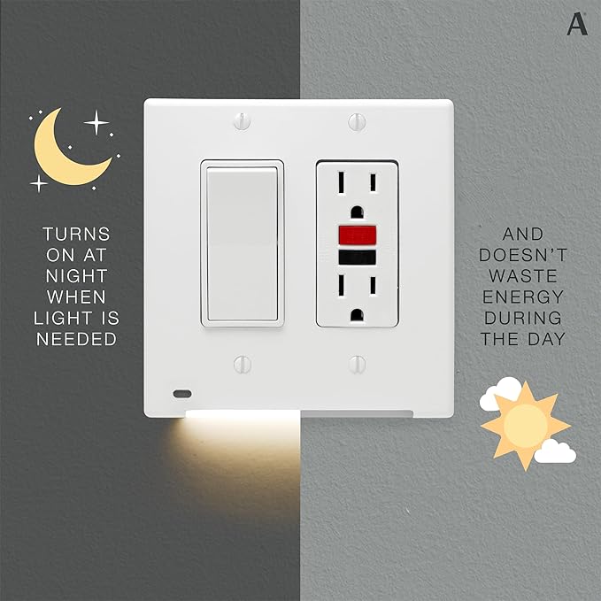 AMERELLE Universal LumiCover Outlet Cover Wallplate with Built-In Night Light, 2 Gang Double Décor, White - Easy DIY Installation, Low-Profile Design, for GFCI Outlets and Decor Outlets & Switches