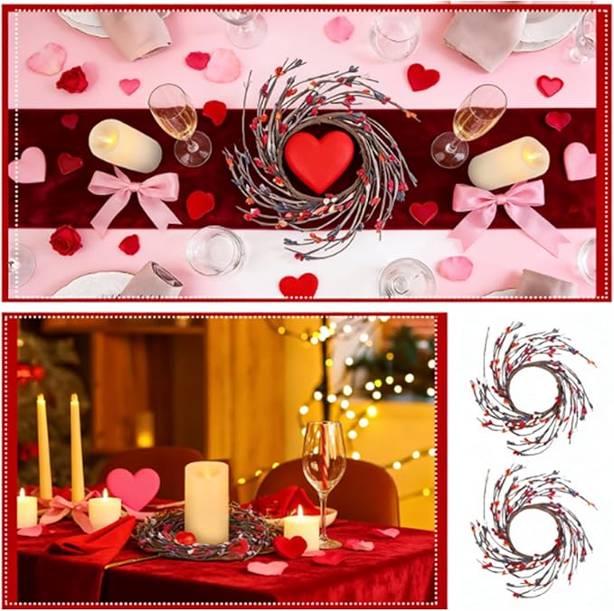 Daifunli 2 Pcs Valentine's Day Primitive Berry Candle Ring 3.9 Inch Rustic Farmhouse Red Berries Candle Ring Wreath for Pillar Candles Holder for Valentine Spring Table Centerpiece Decor