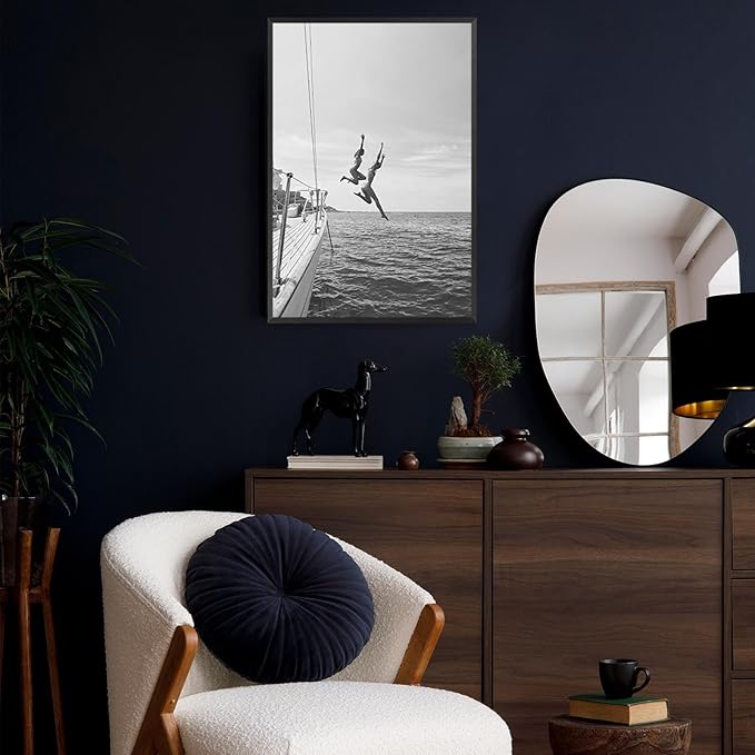 Retro Black And White 80s Trendy Wall Art Black And White Women Jumping Into Water Poster Summer Ocean Jump Sail Boat Yacht Wall Decor For Girl Room Beach Lovers Life 24x36in Wrapped Canvas