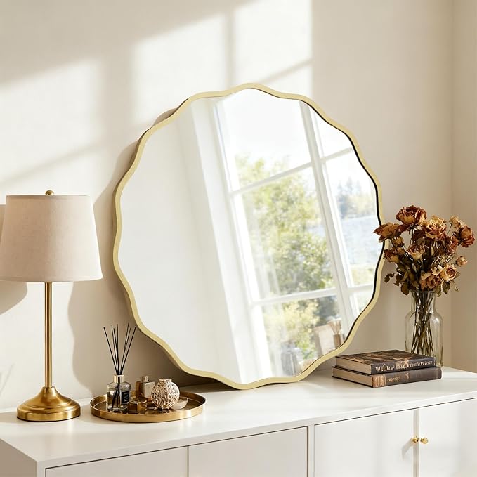 HOMECOOKIN 28 Inch Wavy Round Wall Mirror, Round Wavy Wall Mirror with Aluminum Frame for Bathroom Upgrades, Hotels, Dressing Tables,Farmhouses