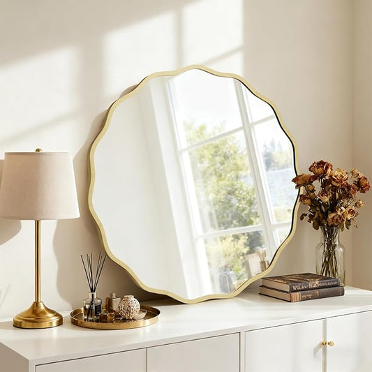 HOMECOOKIN 28 Inch Wavy Round Wall Mirror, Round Wavy Wall Mirror with Aluminum Frame for Bathroom Upgrades, Hotels, Dressing Tables,Farmhouses