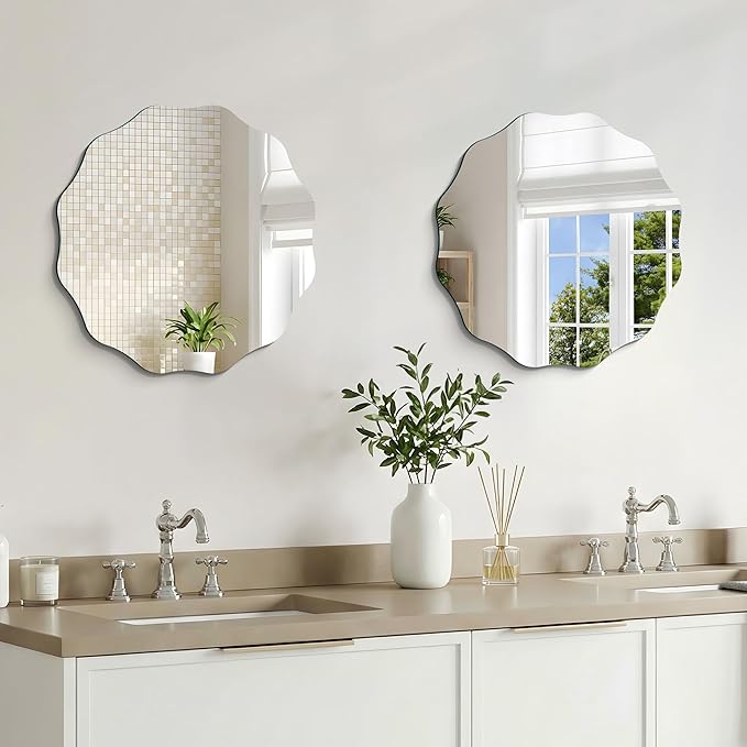 CILIBER Frameless Wavy Round Mirror, 18'' Scalloped Circle Wall Mirror, 3mm Tempered Glass Decorative Bathroom Vanity Mirror, Mounting/Leaning for Mantel, Living Room, Bedroom and Entryway