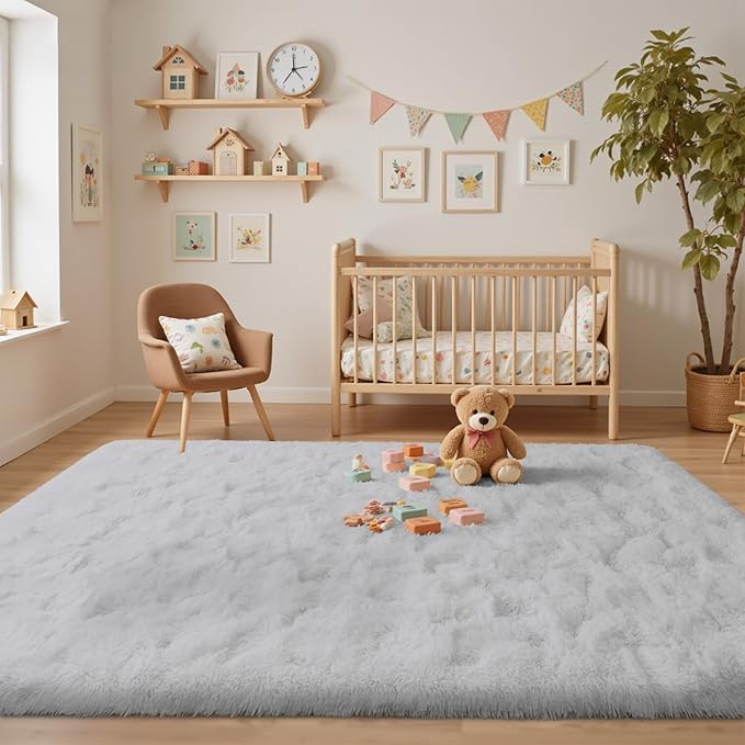 5x7 ft White Rugs for Living Room Fluffy Bedroom Rug Non-Slip Area Rugs Shag Carpet for Nursery Kids PlayRoom Dorm Office Indoor Modern Plush Carpets Teens