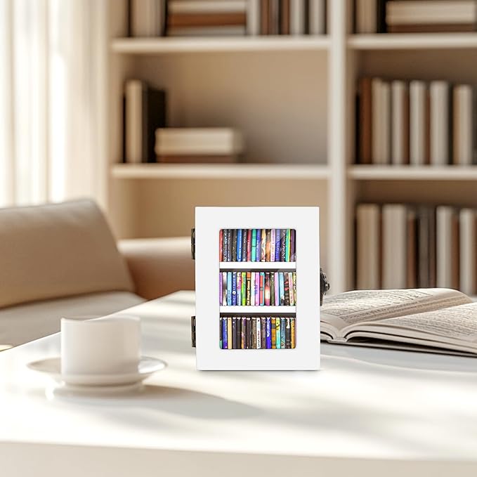Anxiety Mini Bookshelf Mini Books with 60PCS Wooden Miniature Book Library for Stress Relief, Home and Office Decor, Unique Gift for Book Lovers - White