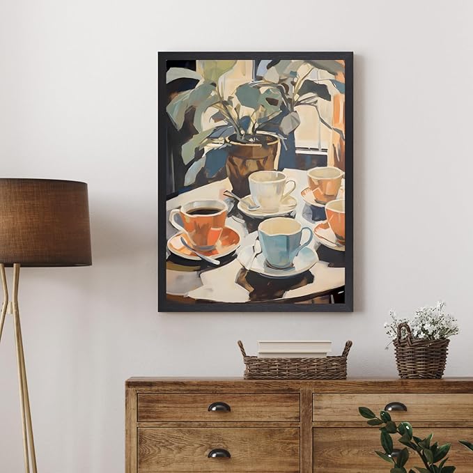 Cyebmo Retro Coffee Wall Art, Coffee Cup Plant Wall Decor, Watercolor Cafe Canvas Painting, Minimalist Vintage Travel Food Poster Print for Home Office Cafe Bar Living Room Wood Framed 16x24 Inch