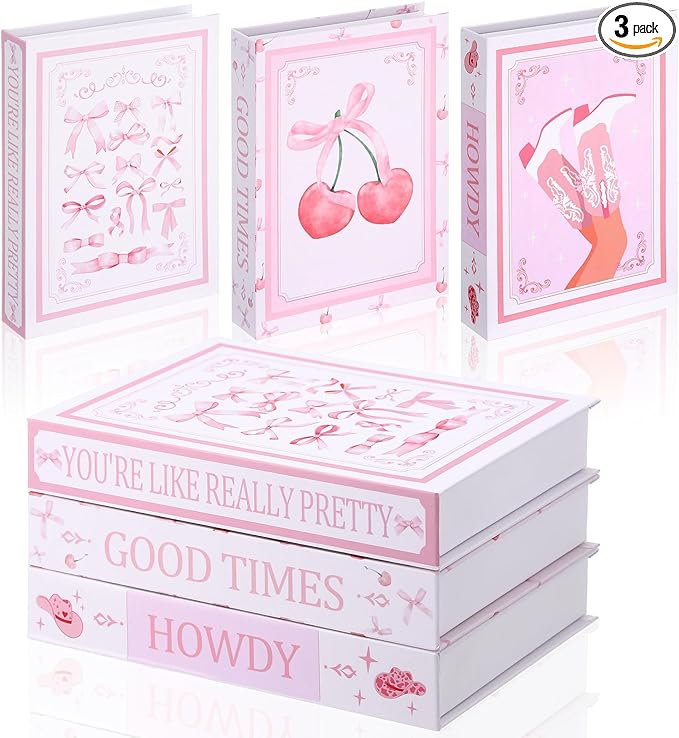 Weysat 3 Pcs Pink Bow Coquette Decorative Fake Books 9.8 Inch Preppy Faux Stacked Books Aesthetic Cute Modern Magnetic Storage Box for Coffee Table Bookshelf Display Bedroom Home Room Decor