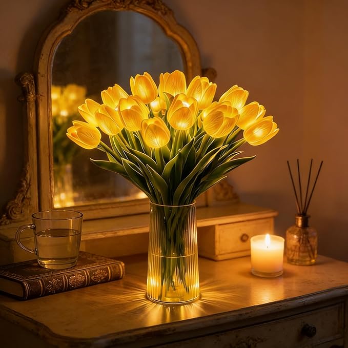 Radiant Romantic Tulip Light with a Vase, 15 PCS Twinkling Tree Tulips Led Night Light that Never Fade, Flower Shaped Ambient Night Lamp for Bedroom Bedside Decor & Gift (Yellow)