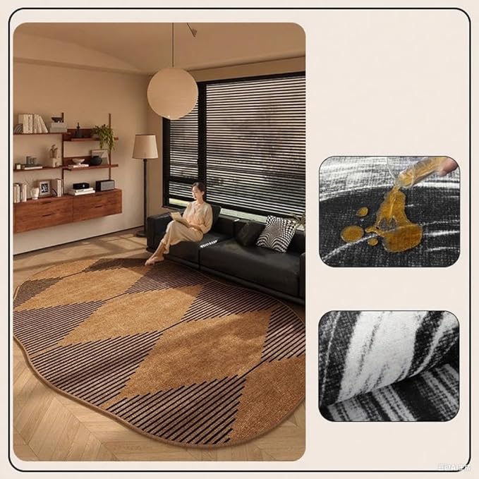Dark Brown Black Stripes Irregular Rug 9x12 Retro Aesthetics Irregular Shaped Area Rug for Living Room Bedroom Guestroom Washable Carpet Geometric Art Deco Playroom Apartment Non Slip Floor Mats