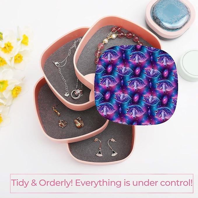 4 Layer Rotating Jewelry Organizer Purple Universe Galaxy Magic Wolf in The Space Ring Necklace Earring Bracelet Holder Box for Men Women