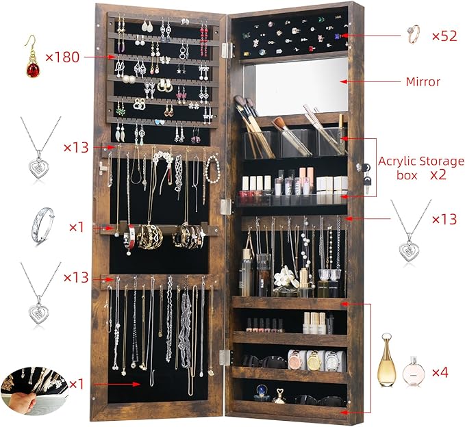 Full Length Mirror Jewelry Armoire Jewelry Cabinet - 2-in-1 Organizer for Makeup and Jewelry Lockable Storage Over The Door Mirror With Jewelry Storage- Rustic Brown