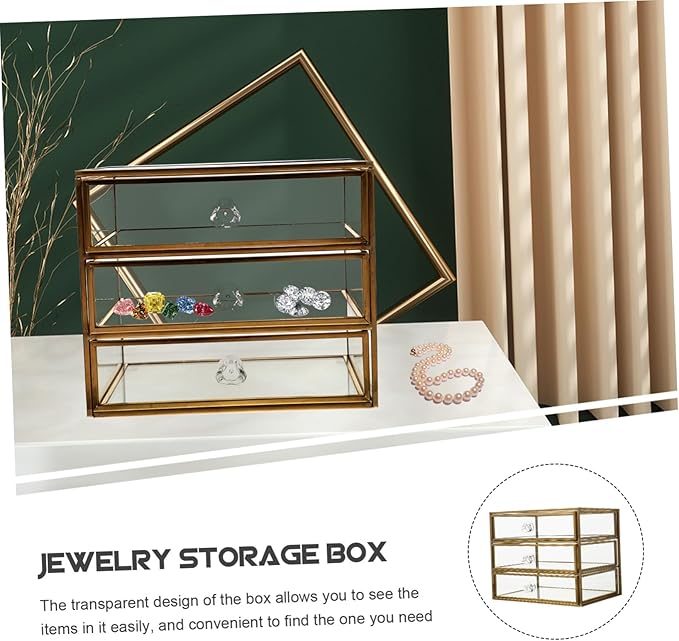 Uonlytech Transparent Glass Jewelry Storage Box with Alloy Frame Large Capacity Desktop Organizer for Cosmetics Lipstick Nail Polish Multipurpose Makeup and Accessories Holder for Home and