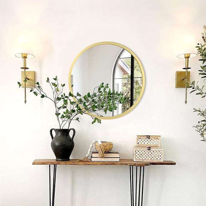 JJUUYOU Round Wall Mirror Decorative Circular Mirror for Bathroom Small Aqua Gold Decor Circle for Wall Metal Framed Make up Farmhouse Living Room Bedroom Dorm 16Inch