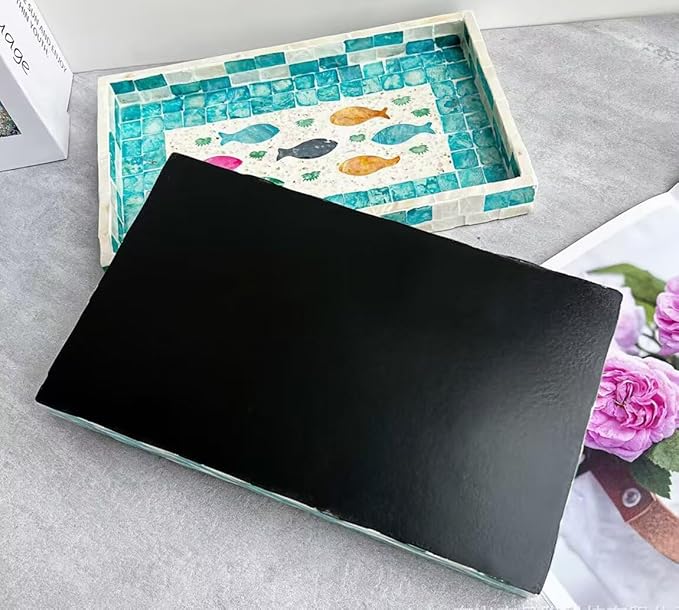 Decorative Serving Tray Lacquer Mother of Pearl Inlay Mosaic Trays for Living Room Kitchen Decor Coffee Table Tray for Tea, Table, Breakfast in Bed Decorative Trays 9.8In