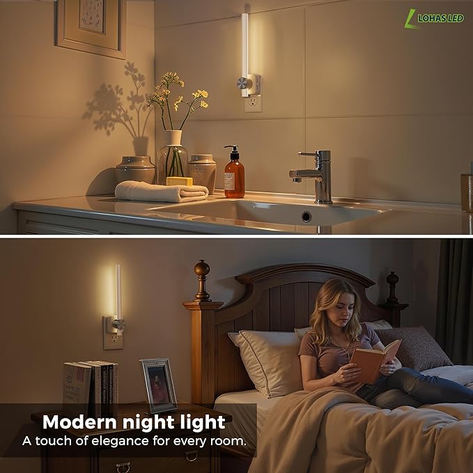 L LOHAS LED Night Light, 2 Pack Night Lights Plug into Wall, 0-200LM Bathroom Night Light, Dusk to Dawn Sensor 2W Dimmable Nightlights, Soft White 3000K, Modern Nightlight for Adults Mirror Restroom