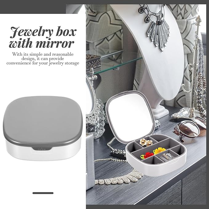 Baluue Travel Jewelry Box Organizer with Mirror, Portable Necklace Ring Earring Storage Case, Gray White Jewelry Display and Makeup Organizer for Outdoor Use