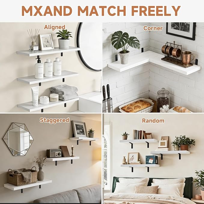 Easy Install Floating Shelves, 15.7 Inch Wall Mounted Wood Shelf,Hanging Shelf for Home Decor, Books and Storage, Small Organizer for Bedroom, Bathroom, Kitchen, Set of 3, White