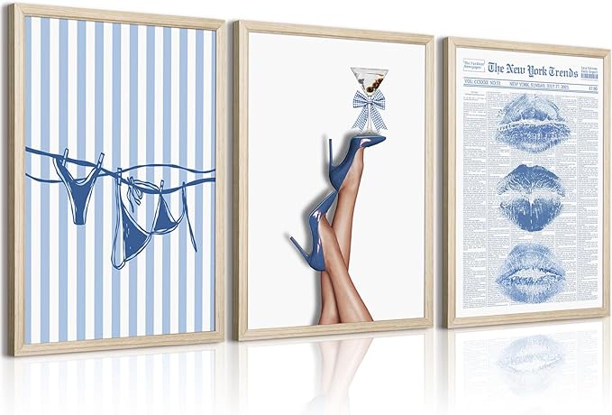 Blue Coquette Wall Art Decor Preppy Trendy Aesthetic Posters Funky Retro Y2k Canvas Wall Art Decor Blue Bow Bikini Lips Prints Girly Room Artwork for Dorm Bedroom 16x24 Inch Wood Framed Set of 3