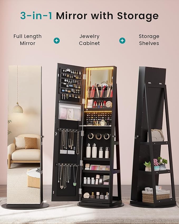 Vlsrka 360° Swivel Mirror Jewelry Cabinet with Lights, Large Jewelry Armoire Cabinet Standing, Lockable Free length Mirror with Storage, Rear Storage Shelves, Black