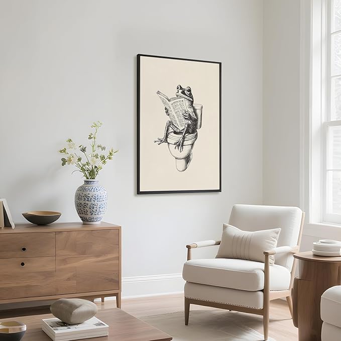RINMFEO Funny Frog Bathroom Canvas Art Retro Frog on Toilet Reading Newspaper Quirky Wall Decor Playful Animal Poster 16x24inch Black frame