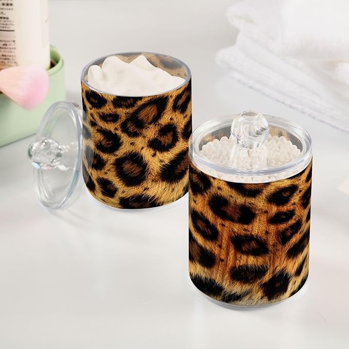 Nander 4Pack Beautiful Brown Leopard Print Qtip Holder Dispenser -Clear Plastic Apothecary Jars Set - Restroom Bathroom Makeup Organizers Containers for Cotton Swab, Ball, Pads, Floss