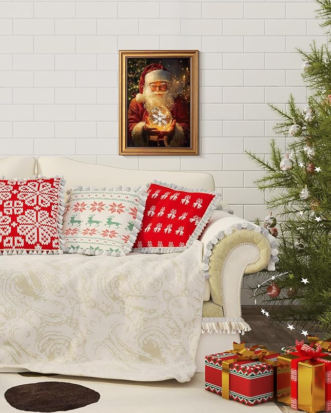 Bzstyleart Vintage Wall Art Decor, Vintage Chiristmas Wall Art Framed, 12 x 16 Inch Framed Christmas Decorations Indoor Winter Decor, Christmas Santas Claus Holding a Glass Ball
