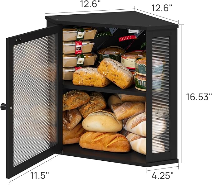 viewcare Corner Bread Box for Kitchen Counter, Bamboo Wood Large Capacity Bread Storage Bin with Acrylic Wavy Door Panel (Black, Extra Large)