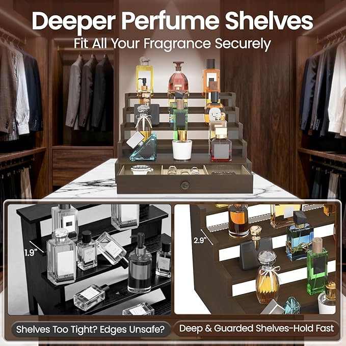 MODOWEY Perfume Organizer Cologne Holder Stand for Men, Wooden Wide-Spaced Shelf with Drawer, 5 Tier Large Capacity Storage Rack for Dresser Countertop, for a Neat, Accessible Fragrance Display, Brown