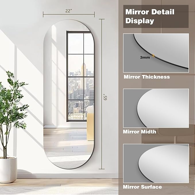 Niccy 65"×22" Frameless Oval Full Length Mirrors, Long Wall-Mounted Mirror for Living Room, 3mm Ultra-Clear Large Body Mirror, Explosion-Proof Hanging Wall-Mirror for Bathroom Bedroom Entryway