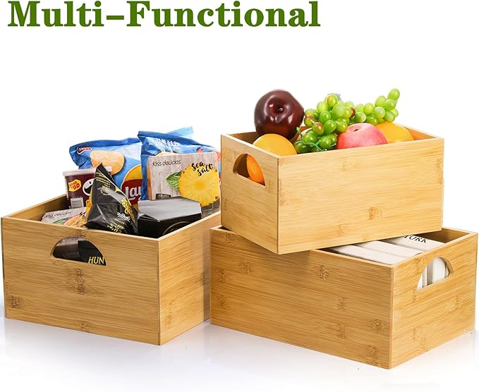 DEAYOU 3 Pack Bamboo Storage Bin, Bamboo Storage Box Crate, Natural Nesting Organizer, Stackable Cubby Basket Container Holder with Handle for Display, Book, Toy, Snack, Decor, Modular Open, 3 Sizes