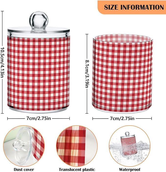 Red White Gingham 14oz Storage Jars with Lids, Clear Plastic Airtight Kitchen Food Canisters for Candy, Salt, Coffee Beans, 2 Pack