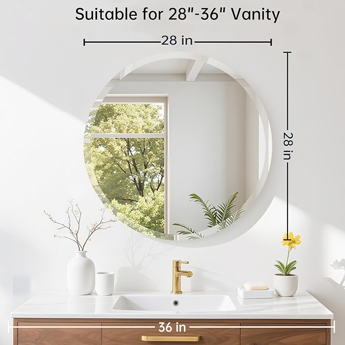 28 Inch Round Frameless Bathroom Mirror, Beveled Round Mirror, Circle Vanity Mirror with 1" Beveled Edge for Bathroom, Entryways, Living Room